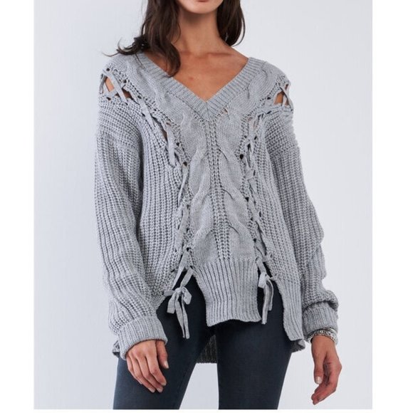 Boho Gray Lace Up Front Cable Knit Sweater Tunic - Picture 2 of 5
